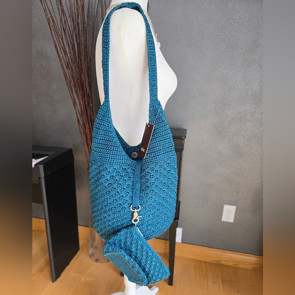 The Sak Teal Crochet Hobo Shoulder Bag with Coin Pouch